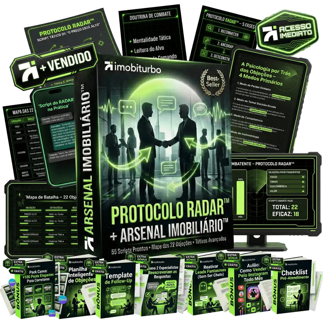 Mockup do produto Protocolo RADAR e Arsenal de Scripts, exibido como um pacote de documentos, planilhas e bônus.